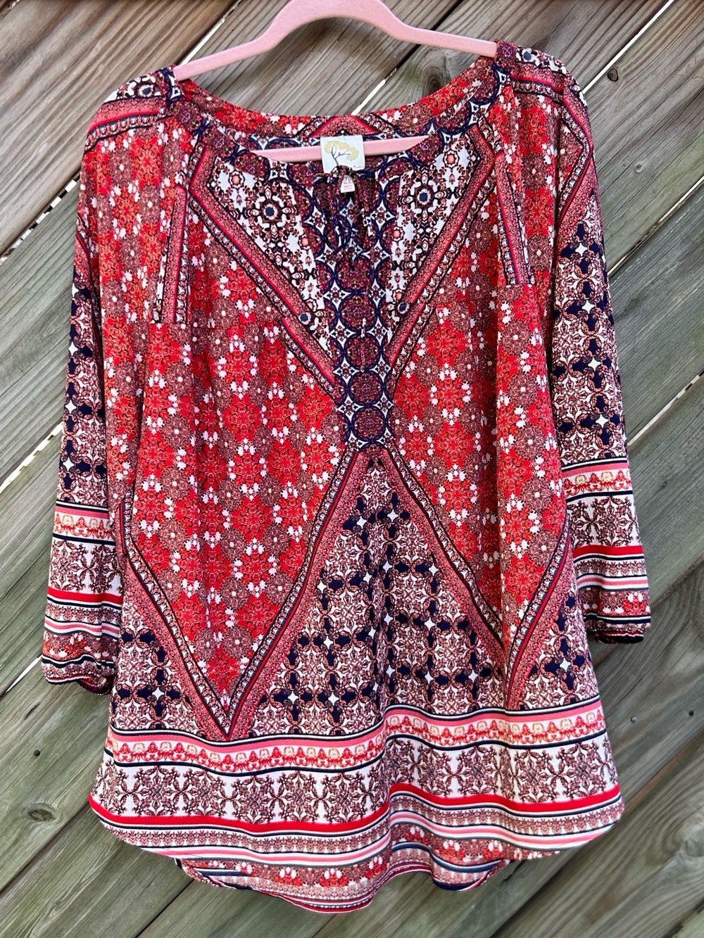 fig and flower Woman’s Plus Red and Navy Boho Patterned Tunic size 2X